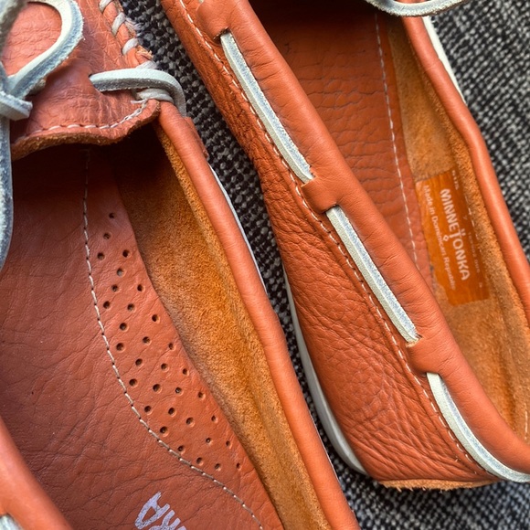 Minnetonka Leather Upper and Lining in Hermes Orange Color Moccasins - 7 - Picture 11 of 15